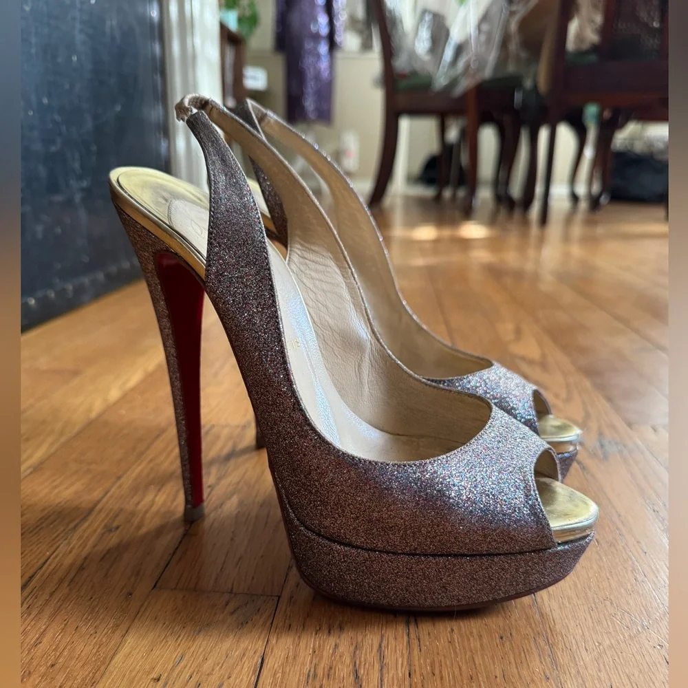 Christian Louboutin Lady Peep 150 Rainbow Glitter Peep Toe Sling Back Sz 40 - Picture 12 of 16